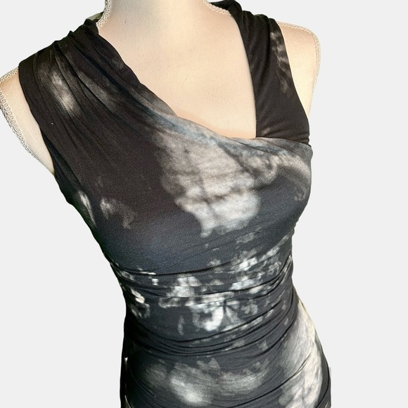 Helmut Lang ‘To Dye For’ Black / Gray Tie Dye Asymmetric Neckline Bodycon Dress - Picture 5 of 14